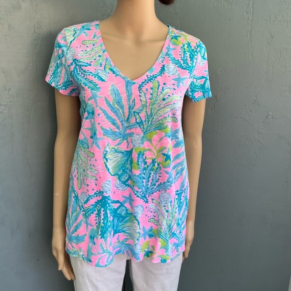 Lilly Pulitzer Mandevilla Baby Hip Nautic Tropical Print V-Neck Women’s Top - Picture 1 of 8